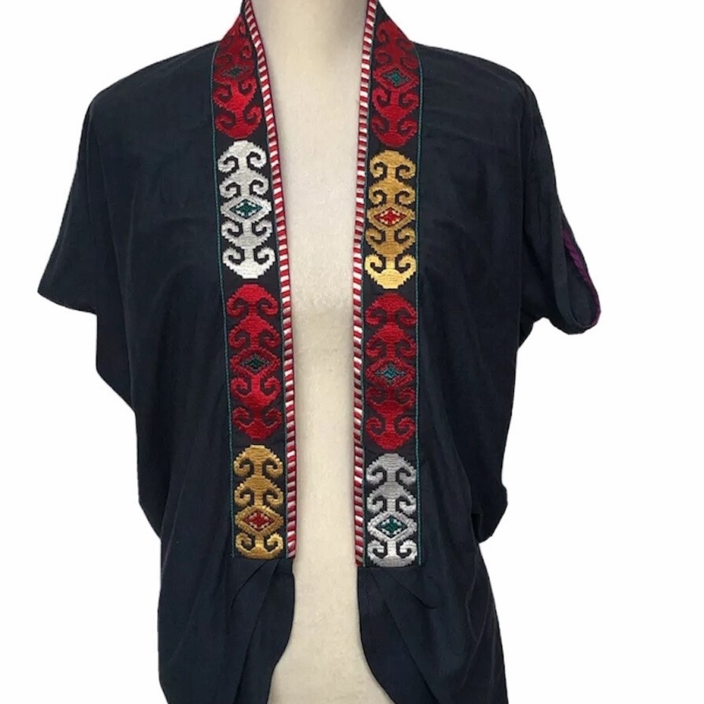 Anthropologie One September Navy Boho Geometric Embroidered Cardigan Small